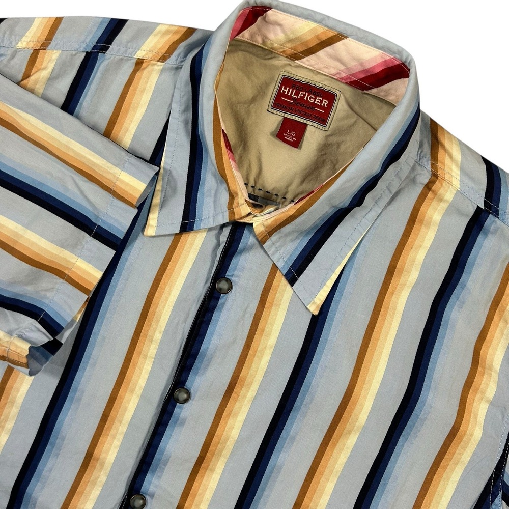 Tommy Hilfiger Shirt Mens L‎ SS Red Label Denim Pearl Snaps Western Stripe